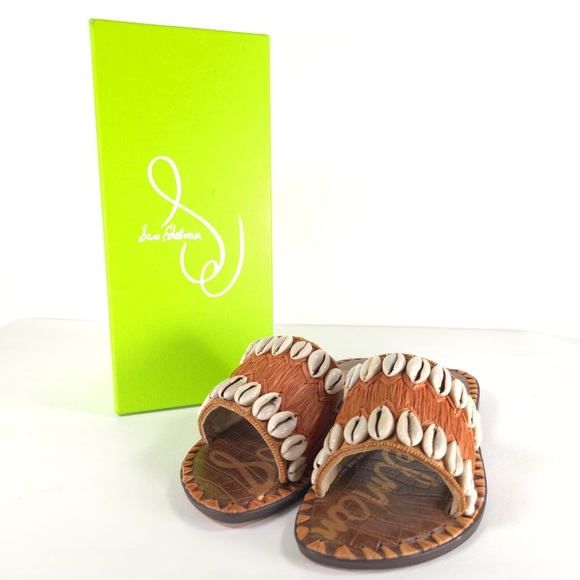 NWB Sam EDELMAN Cowrie Gale Slide Sandal COGNAC MULTI Raffia Strap Shell Size 8 - Picture 6 of 16